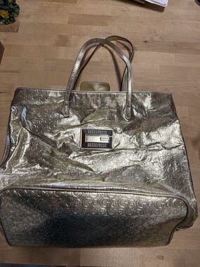 GUESS Metallic Gold Embossed Logo Tote